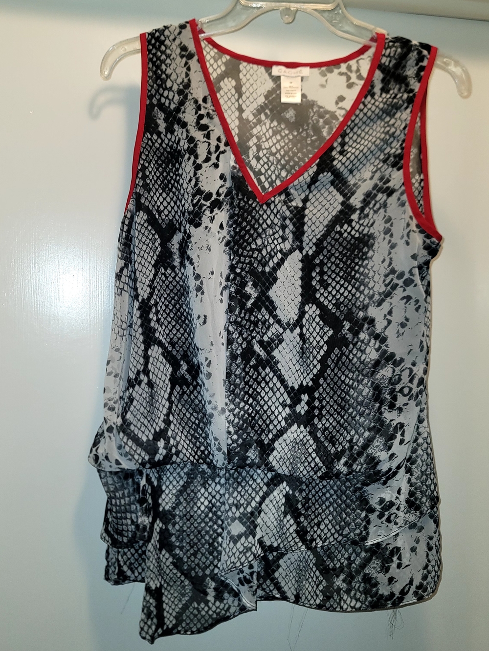 Cache Black & White Snake-Print Sleeveless Blouse with Red Trim